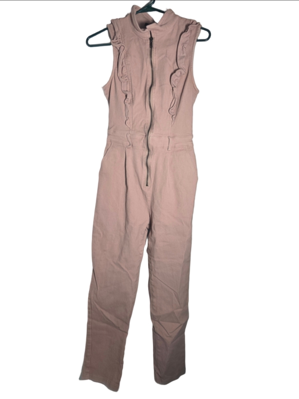 Women's Strut & Bolt Pink Ruffled Zip-Front denim jumpsuit Size S coquette fall